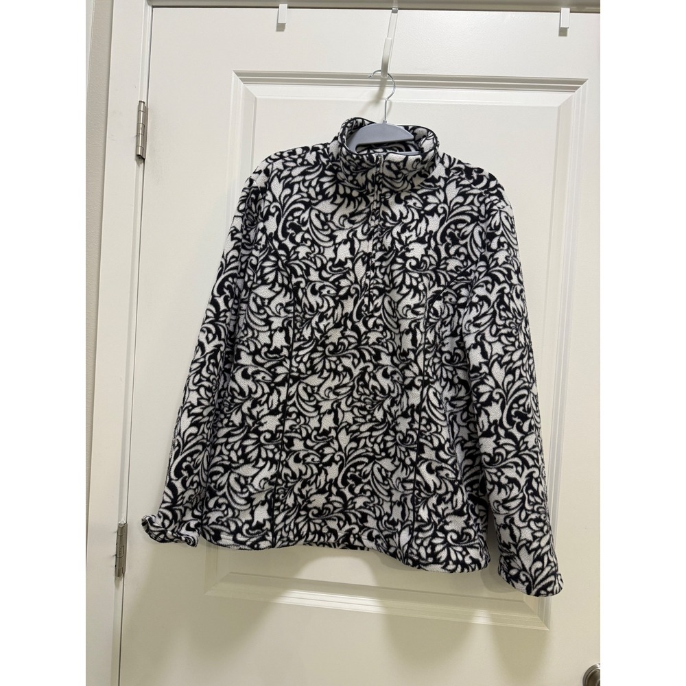Coldwater Creek Womens M Black White Scroll Print Fleece Quarter Zip Pullover